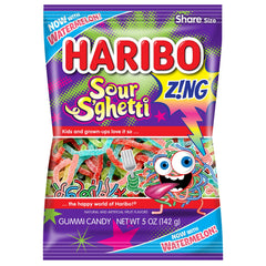 Haribo Z!NG Sour S’ghetti strand close-up highlighting soft, chewy texture for snacking