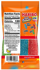 Haribo Z!NG Sour Streamers closeup shows tangy crystals and stretchable texture for snacking.