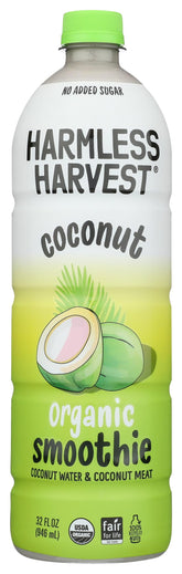 Harmless Harvest Organic Original Coconut Smoothie bottle closeup showing creamy texture and refreshing appeal.