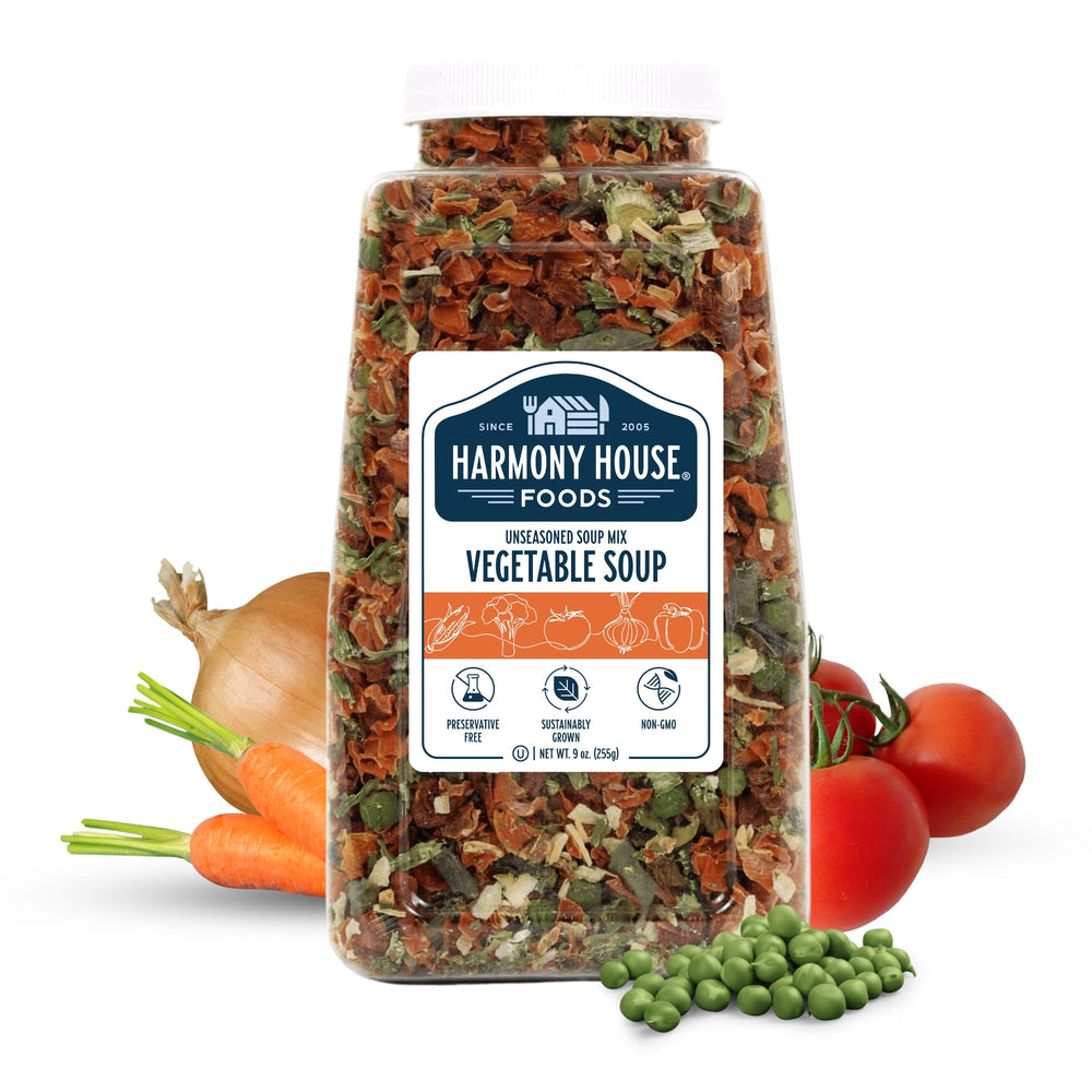Harmony House Premium Vegetable Soup Mix jar front, quick meals.