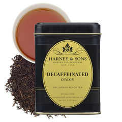 Harney & Sons Decaf Ceylon Tea tin front view highlighting premium packaging.