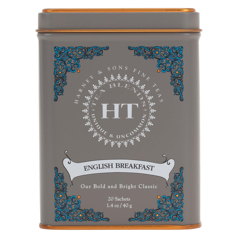 Harney & Sons English Breakfast tea tin displaying full-leaf blend for a robust morning ritual