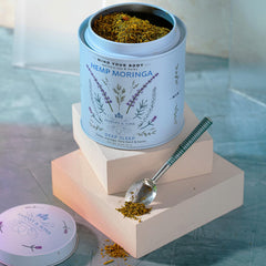 Packaging close-up showing the Harney and Sons hemp moringa blend.