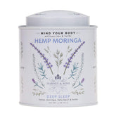 Harney and Sons Hemp Moringa Tea Blend tin front promoting calm evenings.