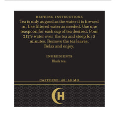 Harney and Sons Irish Breakfast Tea tin back label with caffeine information for morning boost