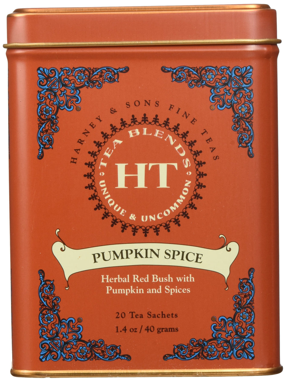 Harney & Sons Pumpkin Spice Rooibos tea tin showing autumn packaging for cozy evenings.