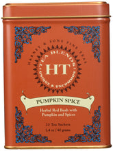 Harney & Sons Pumpkin Spice Rooibos tea tin showing autumn packaging for cozy evenings.