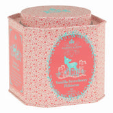 Harney & Sons Vanilla Strawberry Hibiscus tea tin front, vibrant caffeine-free flavor.