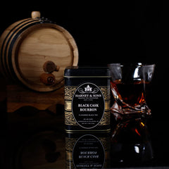 Harney & Sons Black Cask tin shows the bourbon flavor ingredients on the label.