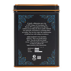 Brewed Harney & Sons Black Cask Bourbon tea in a cup, amber color.