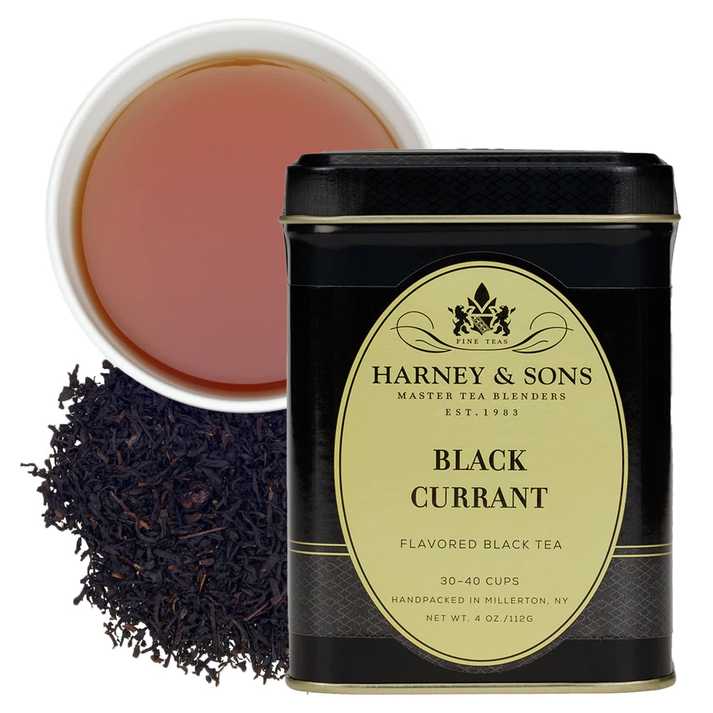 Harney & Sons Black Currant tea tin front view, rich berry aroma.