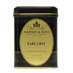 Harney & Sons Black Earl Grey loose-leaf tea offers bright bergamot flavor for afternoon rituals.
