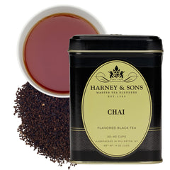 Harney & Sons chai tea loose leaf tin shows bold spice aroma for home brewing.