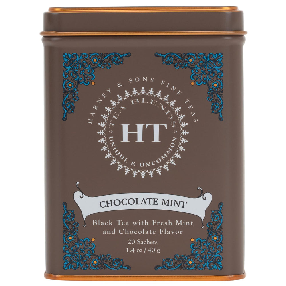 Harney & Sons Chocolate Mint tea tin with rich aroma, ideal after-dinner ritual