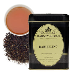 Harney & Sons Darjeeling black tea cup with bright color and fragrant aroma.
