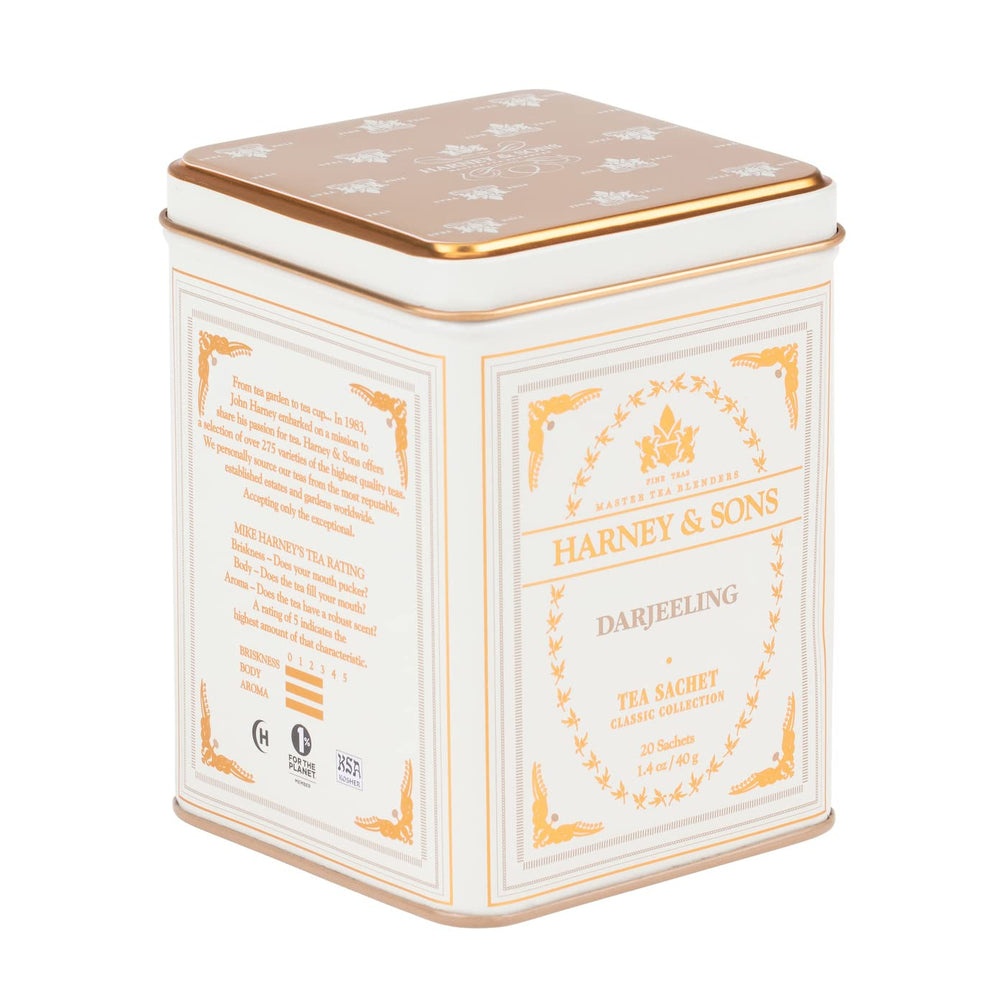 Harney & Sons Darjeeling black tea tin with 20 sachets for quick daily brewing.
