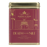 Harney & Sons Death on the Nile tea tin front, premium caffeine-free blend for soothing moments.