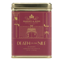 Harney & Sons Death on the Nile tea tin front, premium caffeine-free blend for soothing moments.