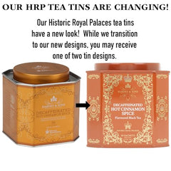 Close-up of Harney & Sons decaf sachet highlighting convenient tea brewing.