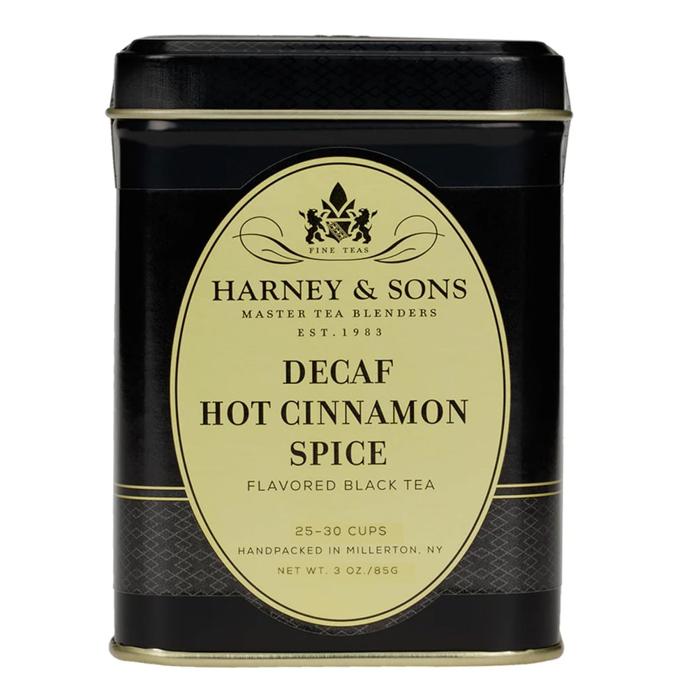 Harney & Sons decaffeinated Hot Cinnamon Spice tea tin, ideal caffeine-free evening comfort with bold spice.