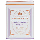 Harney & Sons Dragon Pearl Jasmine tea tin with hand-rolled pearls and jasmine aroma.