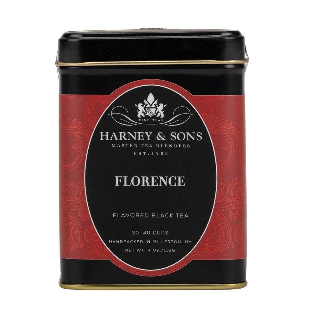 Harney and Sons Florence tea tin showing chocolate hazelnut notes for cozy indulgence.