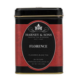 Harney and Sons Florence tea tin showing chocolate hazelnut notes for cozy indulgence.