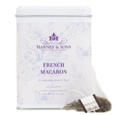Harney & Sons French Macaron White Tea tin front, premium flavor hints for afternoon tea.