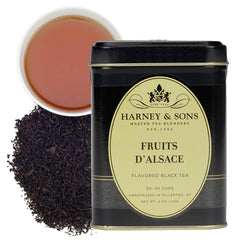 Harney & Sons Fruits d'Alsace tin featuring apricot and cherry notes for a dessert tea