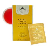 Harney & Sons Ginger Turmeric tea bags packaging showcases organic blend.