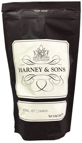 Harney & Sons Herbal Hot Cinnamon pack shot highlighting caffeine-free rooibos blend.