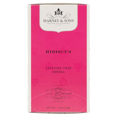 Harney & Sons Hibiscus Tea teabags closeup—individually wrapped for travel and sharing.