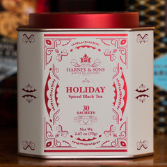 Harney and Sons Holiday Tea ingredients closeup emphasizes citrus, almond, and spice notes.