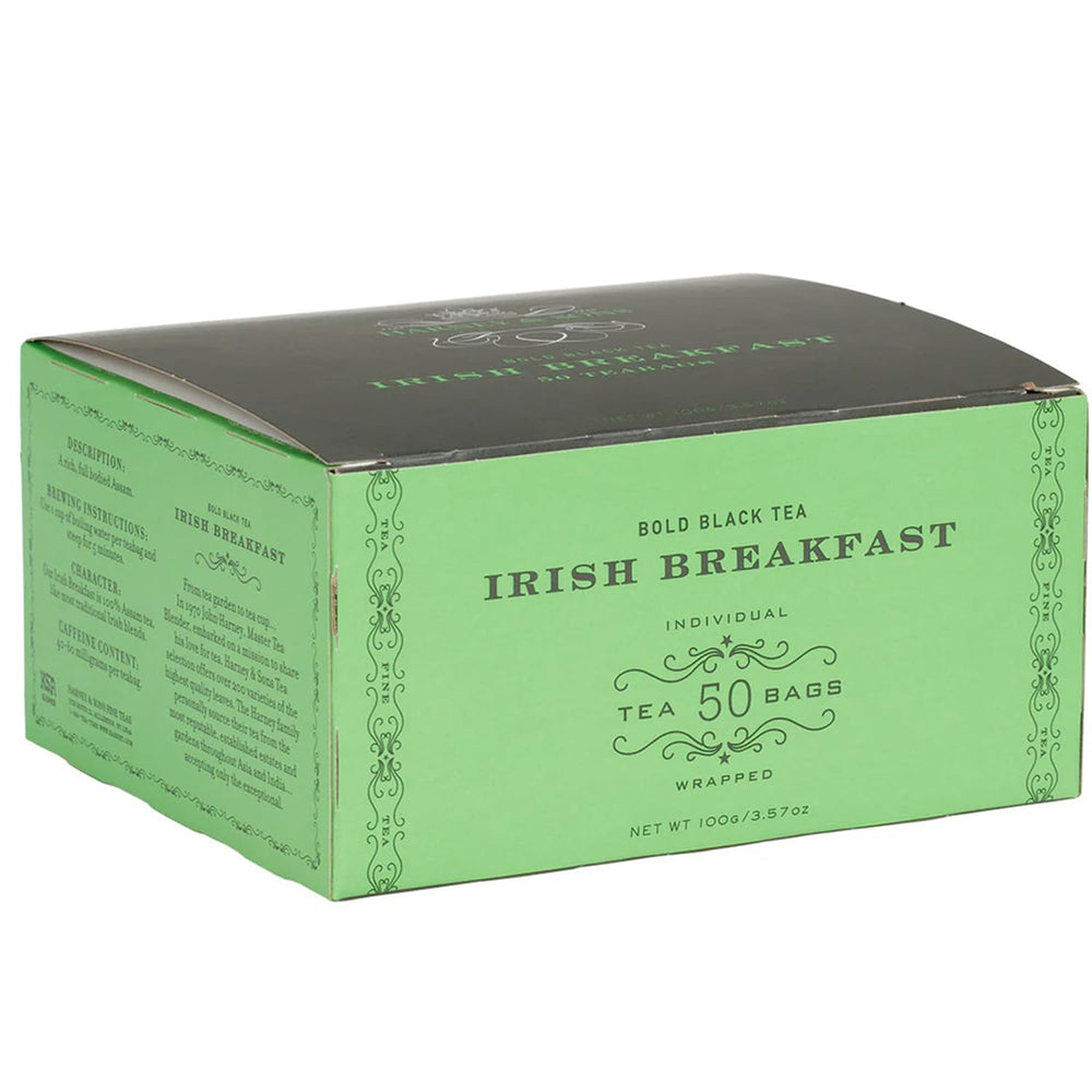 Harney & Sons Irish Breakfast Tea box image shows bold Assam blend for a robust morning cup.