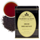 Harney & Sons Irish Breakfast Tea loose tea in front of tin, bold morning flavor potential