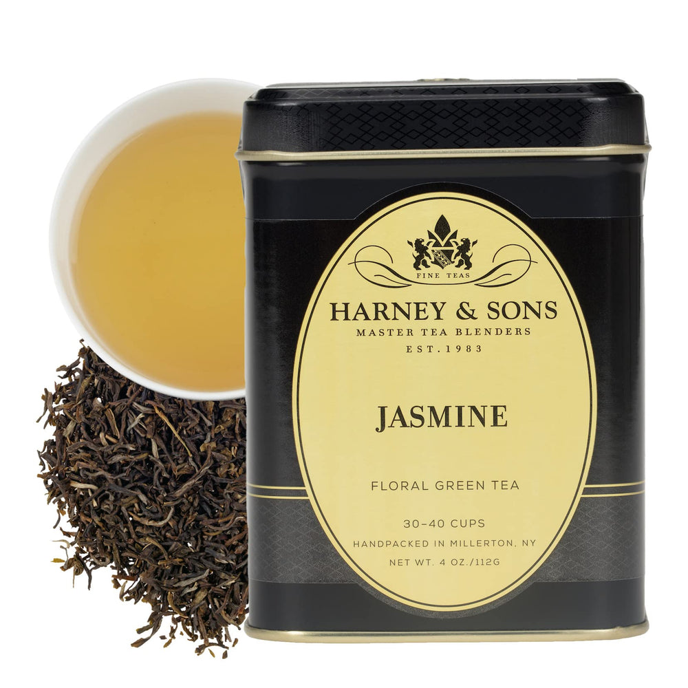 Harney & Sons Jasmine loose tea tin front view, ready for daily rituals.