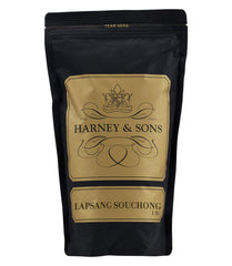 Harney & Sons Lapsang Souchong tea leaves close-up, showcasing smoky aroma for a rich brew