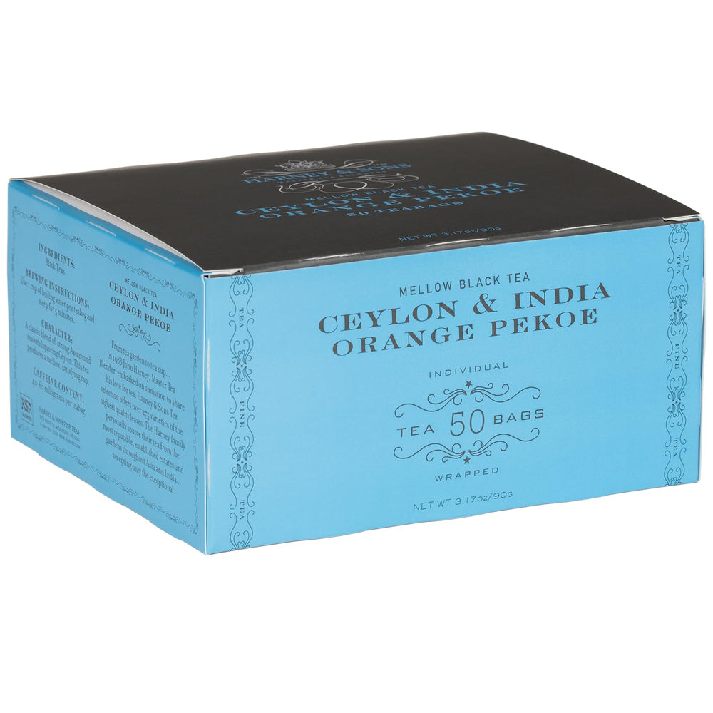 Harney and Sons Orange Pekoe tea box on shelf for everyday comfort