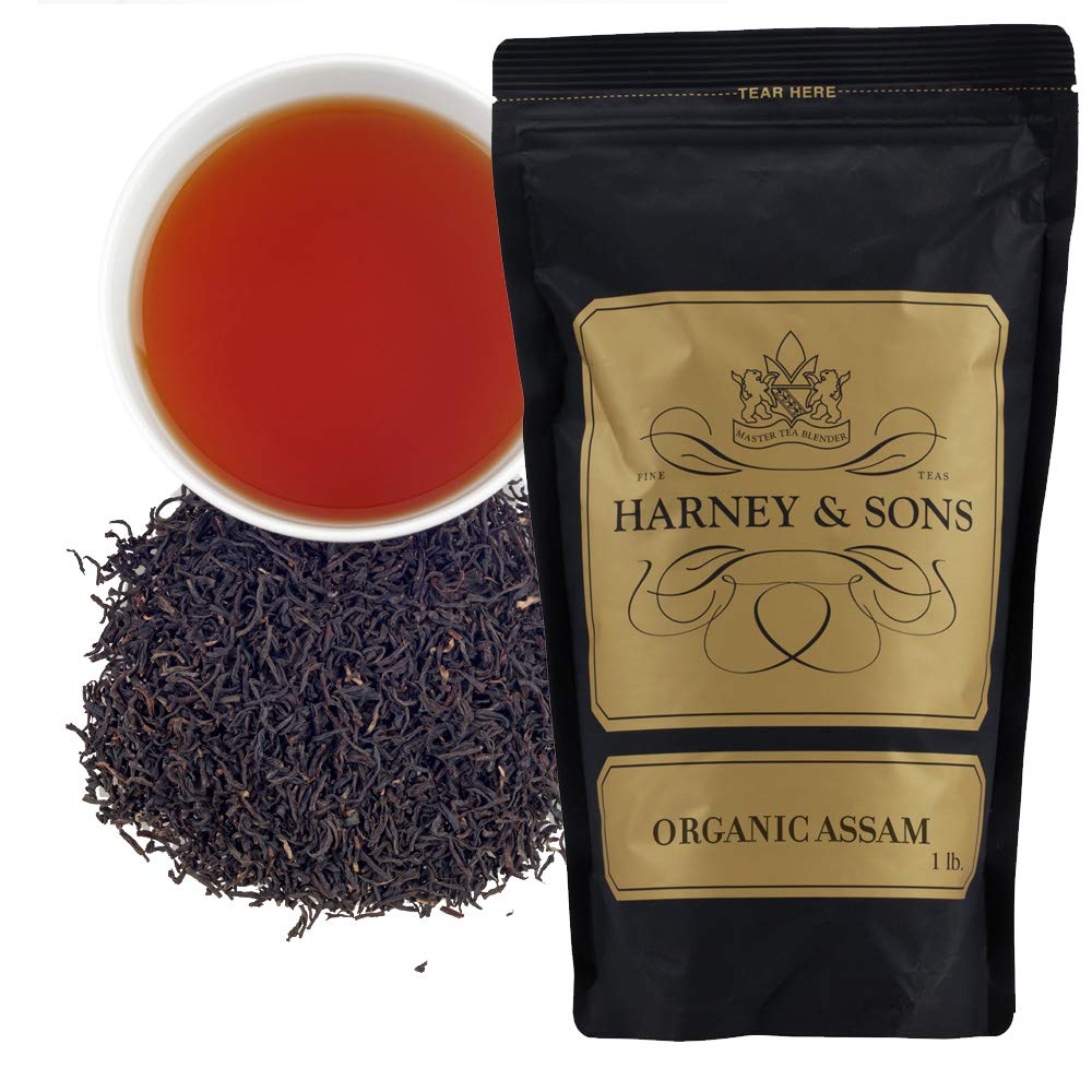 Harney & Sons Organic Assam loose leaf tea in a 16 oz package for a rich daily brew.