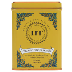 Harney & Sons Organic Ginger Lemon Tea packaging on display, ideal for quick, caffeine-free comfort.