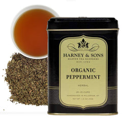 Harney & Sons Organic Peppermint tea leaves for a refreshing caffeine-free brew.