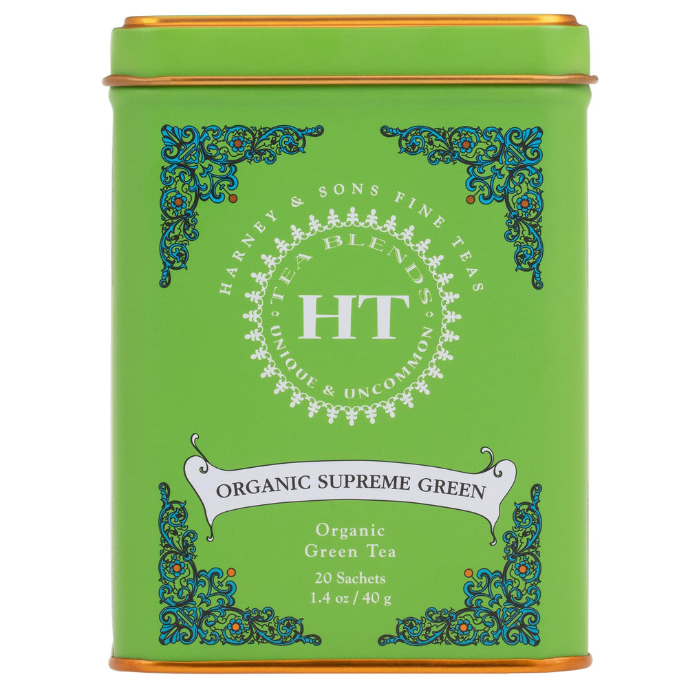 Harney & Sons Organic Supreme Green tin with 20 sachets for quick daily brews.