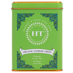 Harney & Sons Organic Supreme Green tin with 20 sachets for quick daily brews.