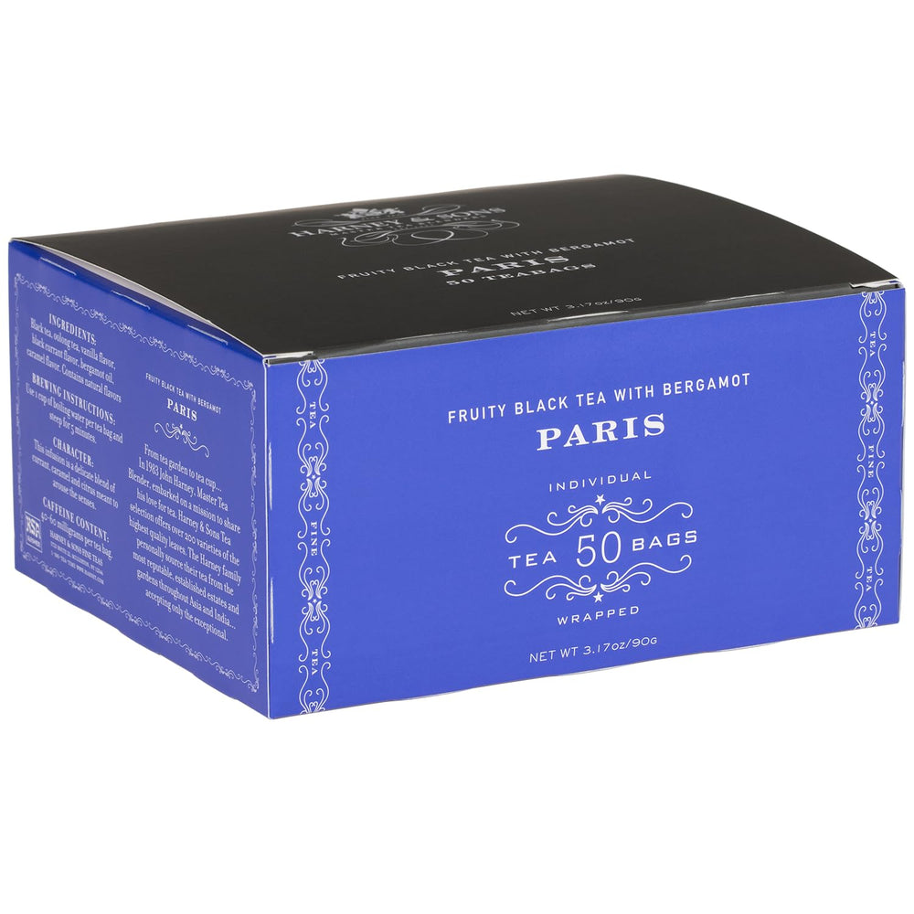 Harney & Sons Paris Black Tea bag ready to steep for a fragrant, fruity cup.