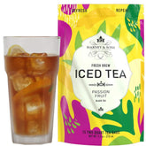 Harney and Sons Passion Fruit Iced Tea bottle pour; refreshing, tropical flavor.