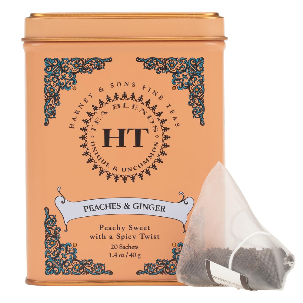 Harney and Sons Peaches and Ginger Black Tea tin packshot, showcasing full-leaf sachets for refined tea moments