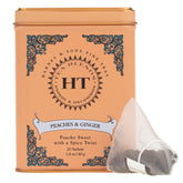 Harney and Sons Peaches and Ginger Black Tea tin packshot, showcasing full-leaf sachets for refined tea moments