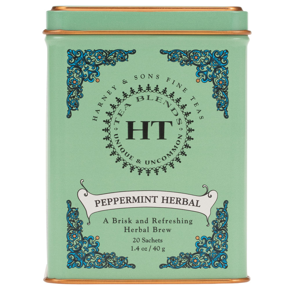 Harney & Sons peppermint tin front, crisp and aromatic tisane.