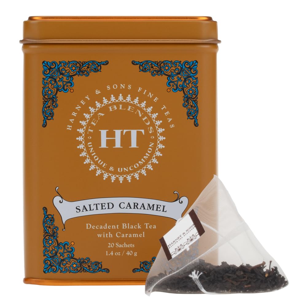 Harney & Sons Salted Caramel Tea tin front view, perfect for relaxing rituals.