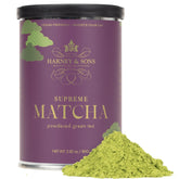 Harney & Sons Supreme Matcha tin front view, vibrant green powder for lattes.